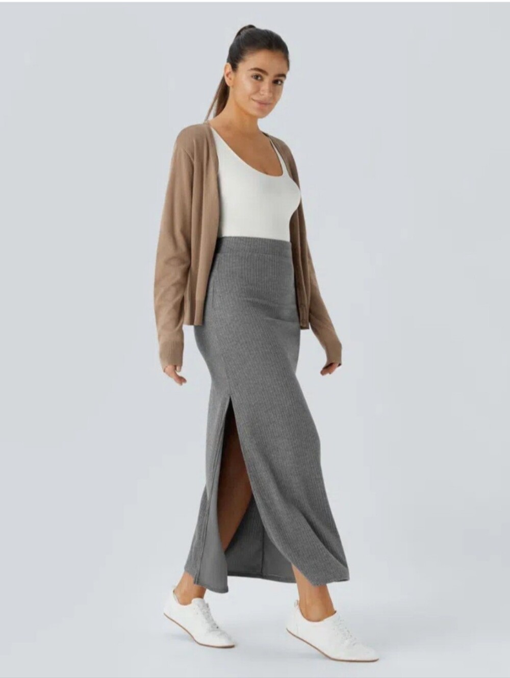 HALARA Gray Ribbed Maxi Skirt with Side Slit - Picture 4 of 12
